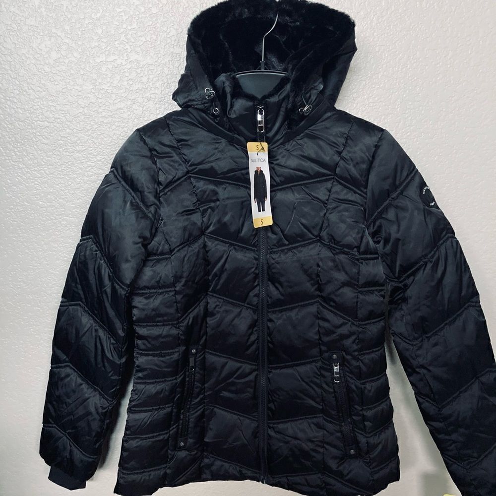 NWT Nautica Black Fleece Faux Fur Fitted Winter Coat